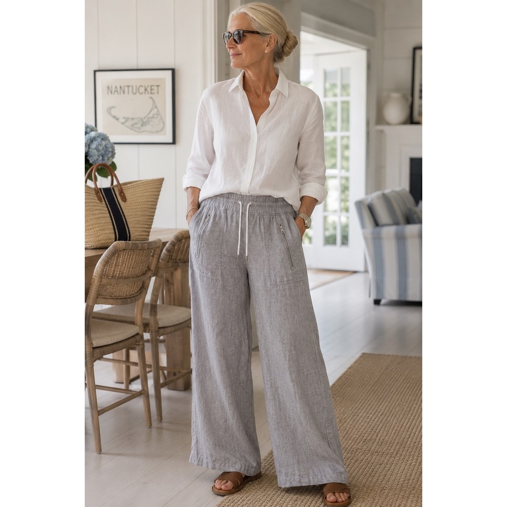 Athleta Cabo Linen Wide Leg Pants Gray Drawstring Pockets Size 6 RN 54023